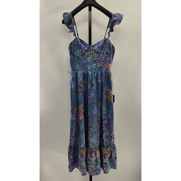 Lulus Dresses & Skirts - Lulu's Blue Floral Midi Dress with Purple & Green Accents